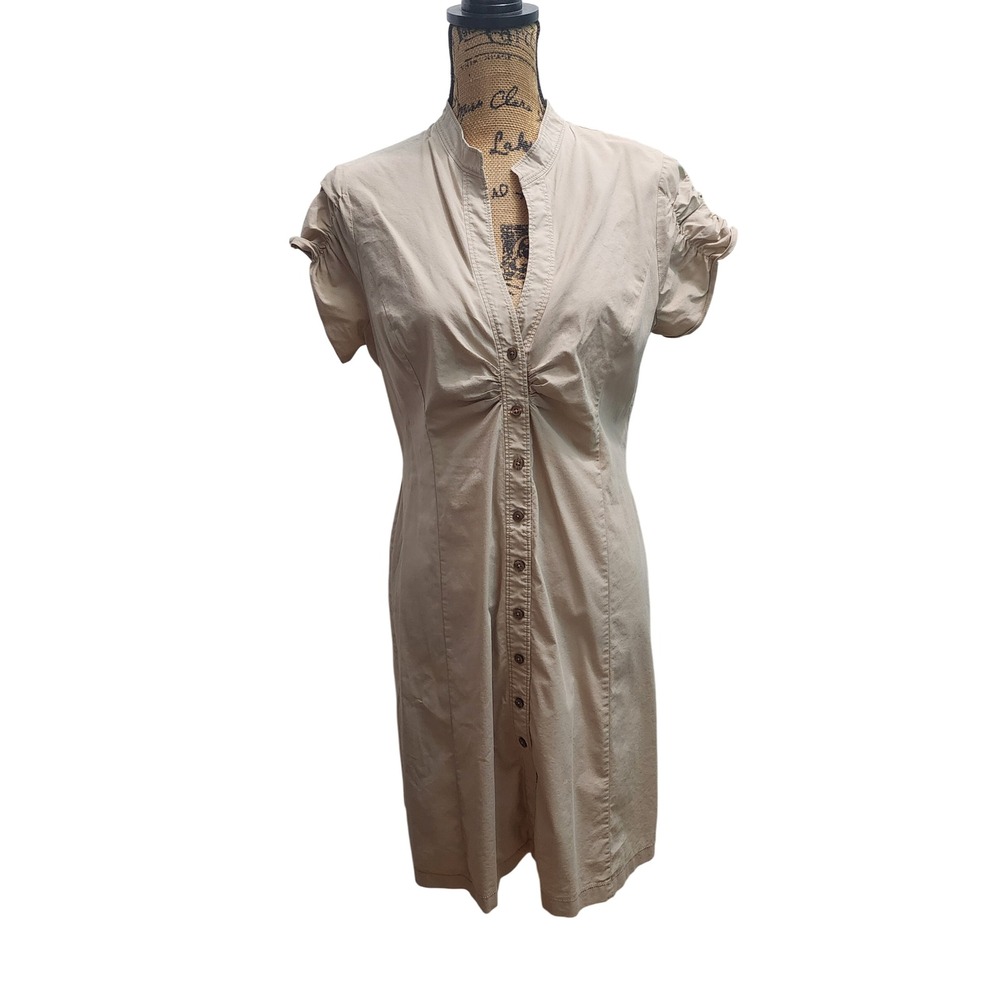 Tahari Beige Tan Button Front‎ Shirtdress Shirt Dress Short Sleeve Ruched Size M